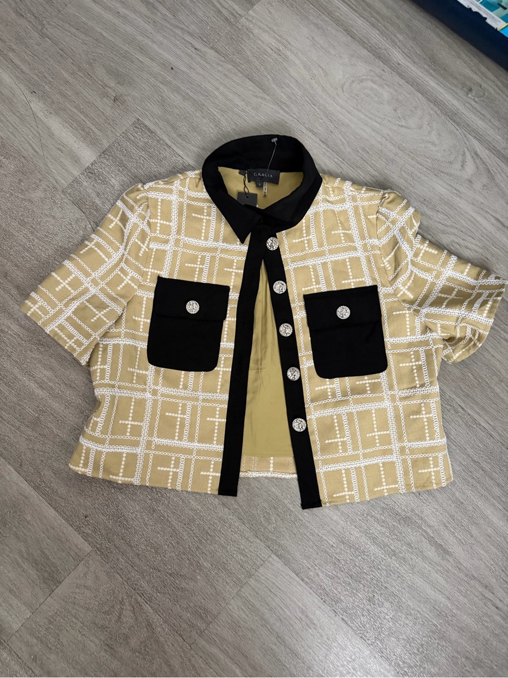 New Gracia Chic Contrast Pocket Tweed Jacket, cropped - Beige & Black L